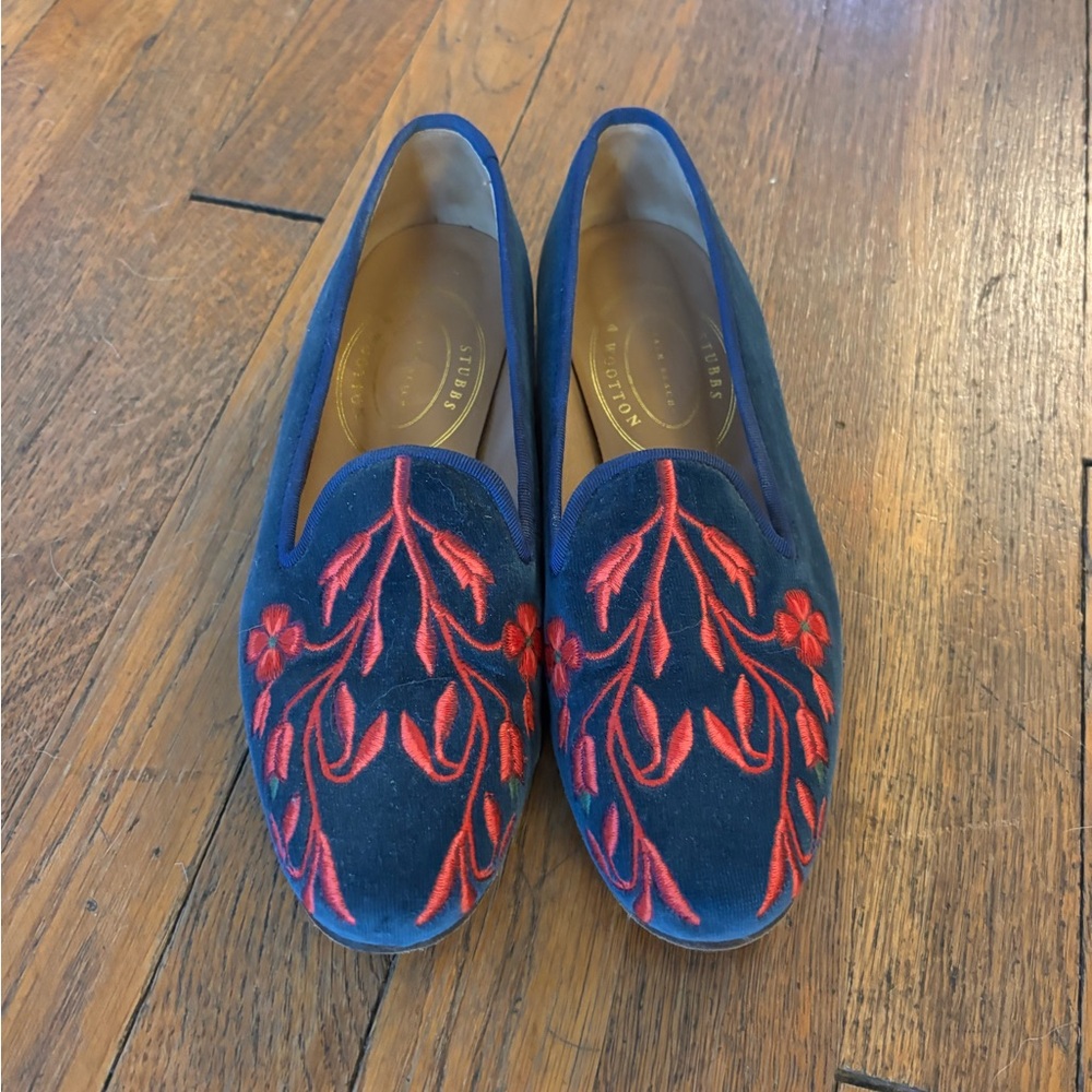 Stubbs & Wootton Navy Velvet Loafers with Red Floral Embroidery